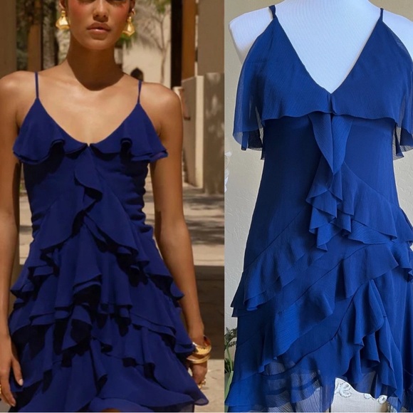 Alice + Olivia Lavinia Blue Chiffon Ruffles Strap Mini Dress US4